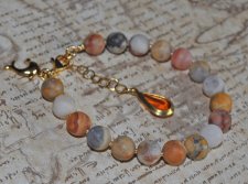 Crazy Lace Agate-armband med rundslipade agatpärlor i intrikata mönster, 18K guldförgylld delfinberlock och vintage lucite-berlo