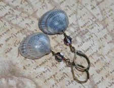 Havsinspirerade hjärtformade snäckörhängen i blå och grå nyanser från svenska västkusten, dekorerade med vintage Swarovski 5300 