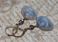 Havsinspirerade hjärtformade snäckörhängen i blå och grå nyanser från svenska västkusten, dekorerade med vintage Swarovski 5300 