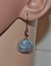 Havsinspirerade hjärtformade snäckörhängen i blå och grå nyanser från svenska västkusten, dekorerade med vintage Swarovski 5300 