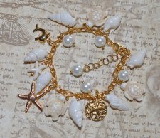 Mermaidcore-armband med kedja i 18K guldförgyllt rostfritt stål, vita glaspärlor, delikata snäckor, howlite-sköldpadda samt sand